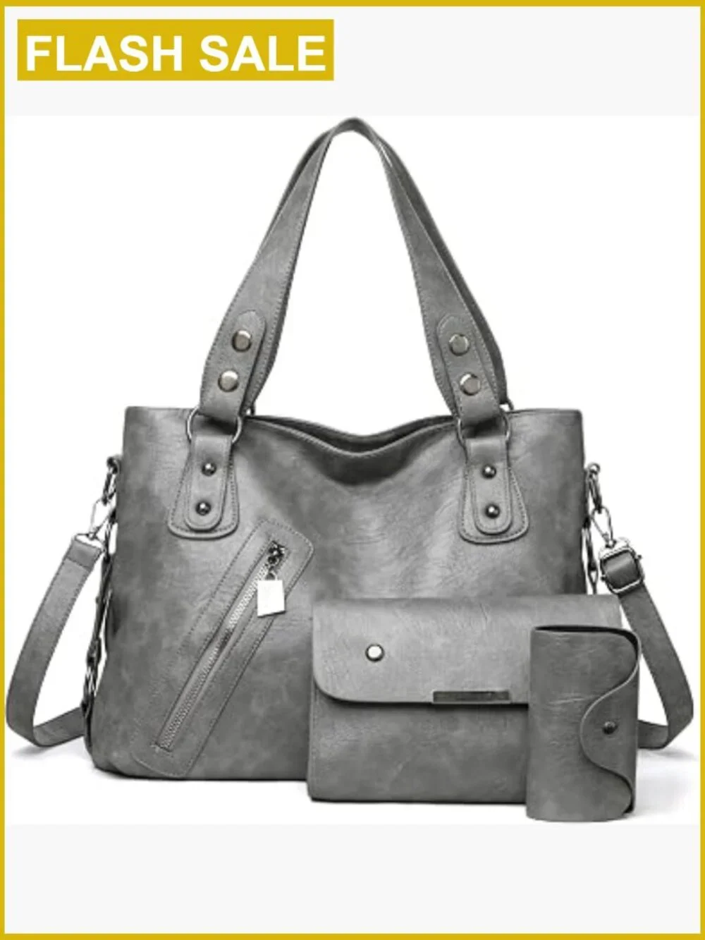 3-Piece Vegan Leather Tote Set with Crossbody and Clutch